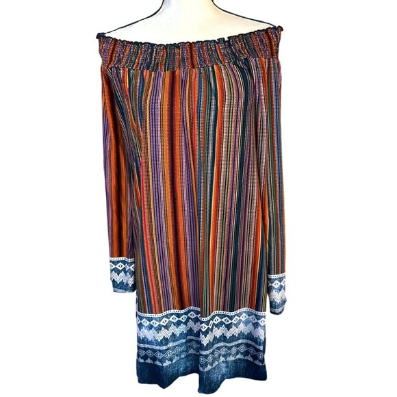 Boho Hippie Off Shoulder Dress Lrg Stretch Neckline Coastal Chic Cocktail Bebop - Picture 1 of 11